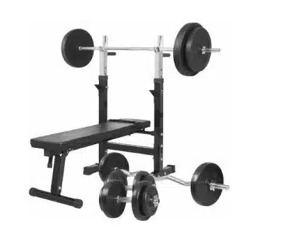 BENCH PRESS BLACK BARBELL, CURL BAR, DUMBBELL SET - 100KG