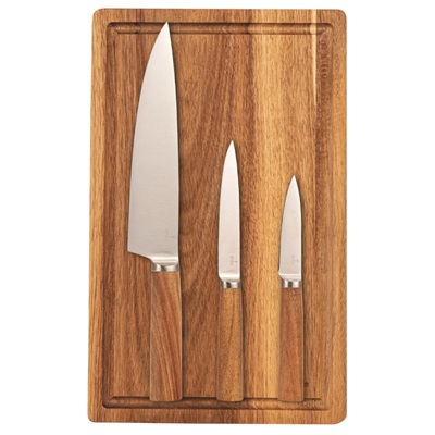 Skjærefjøl i akasietre med tre kjøkkenkniver
